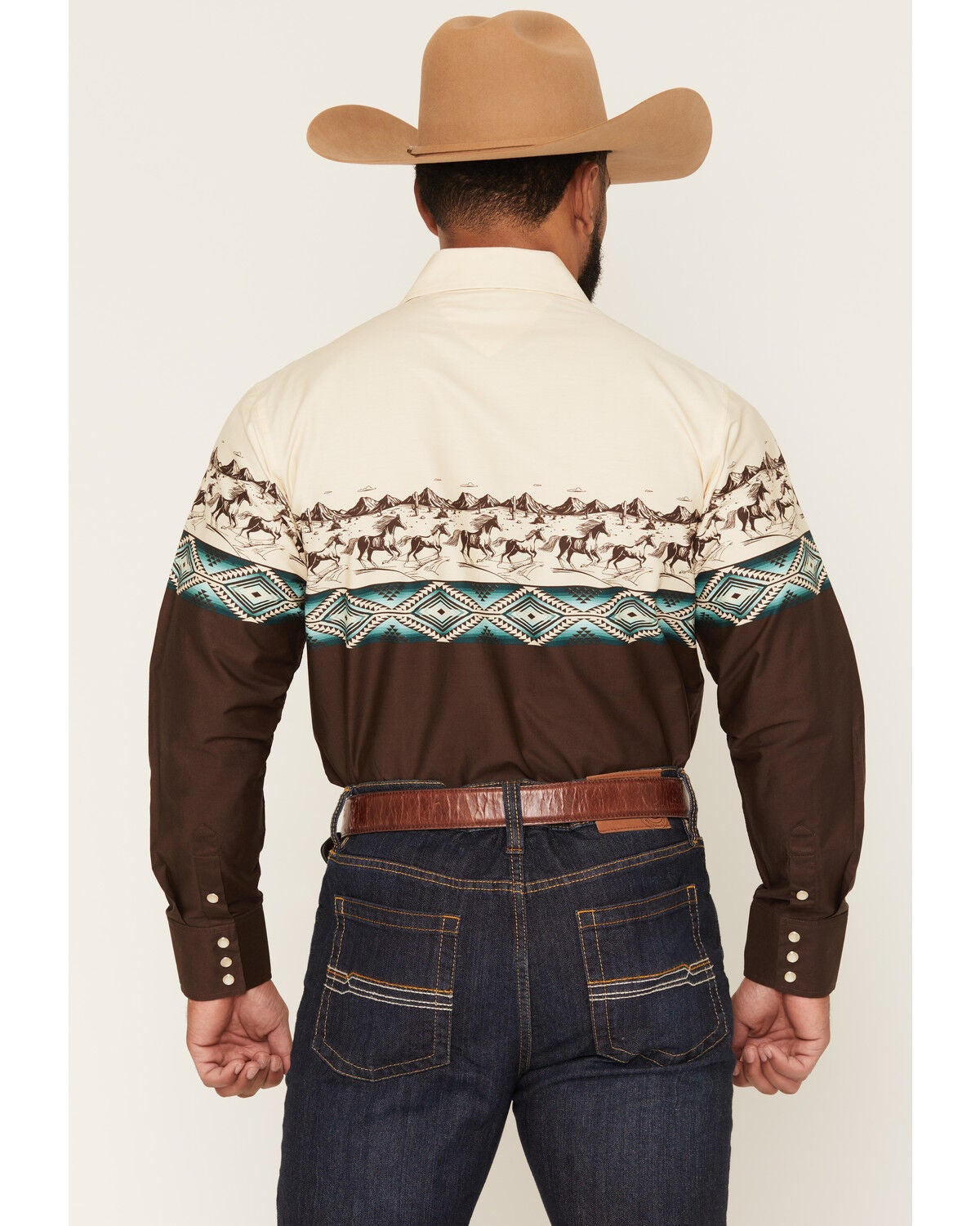 Image #4 - Panhandle Slim Men's Southwestern Horse Border Print Long Sleeve Pearl Snap Western Shirt, Brown, hi-res