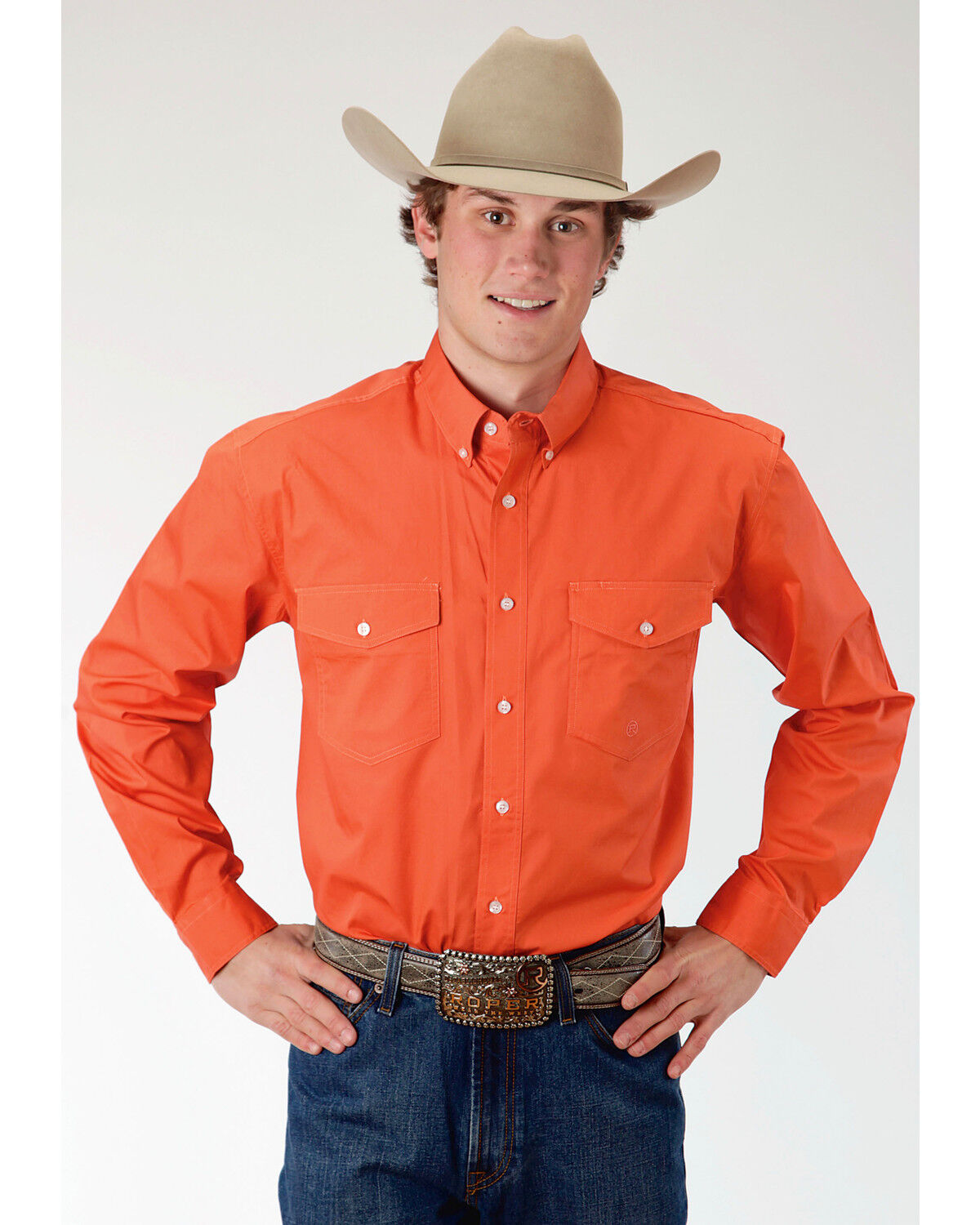 Image #1 - Roper Men's Solid Long Sleeve Button Down Western Shirt, Orange, hi-res