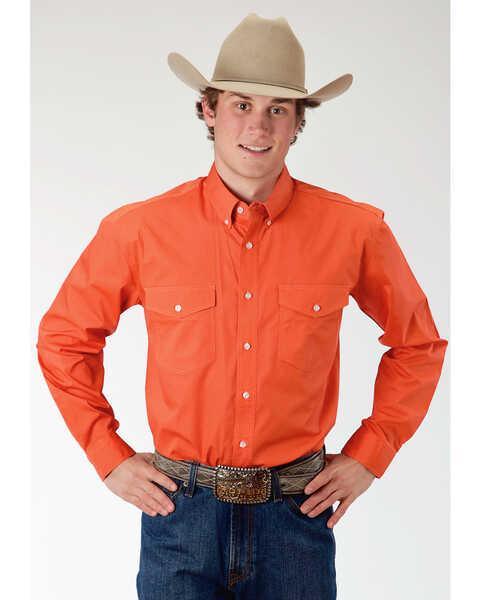 Roper Men's Orange Solid Long Sleeve Western Shirt, Orange, hi-res