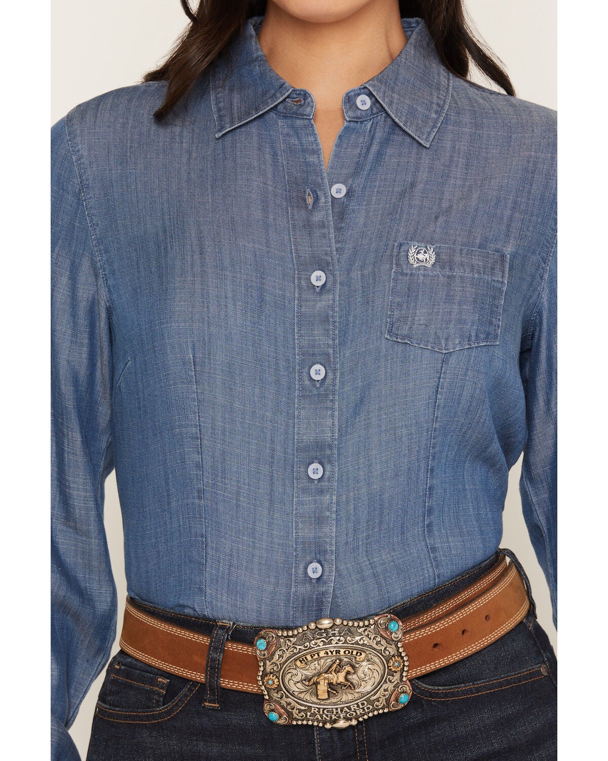 Image #3 - Cinch Women's Chambray Long Sleeve Button-Down Western Shirt, Indigo, hi-res