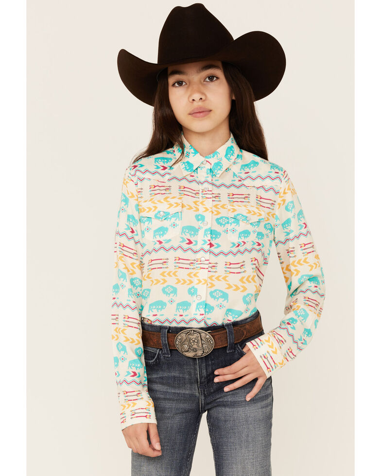 Roper Girls' Buffalo Southwestern Print Long Sleeve Western Snap Shirt, Multi, hi-res