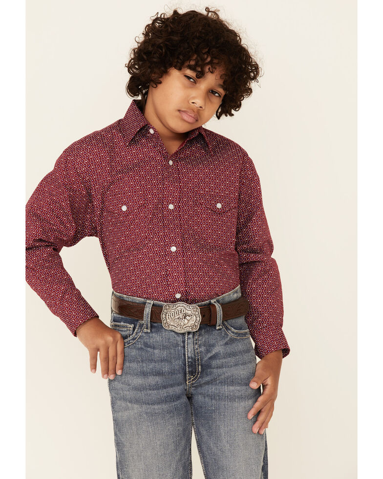 Rough Stock By Panhandle Boys' Wine Geo Print Long Sleeve Snap Western Shirt , Red, hi-res