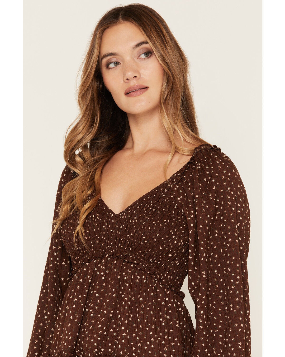 Image #2 - Yura Women's Floral Print Long Sleeve Mini Dress, Brown, hi-res