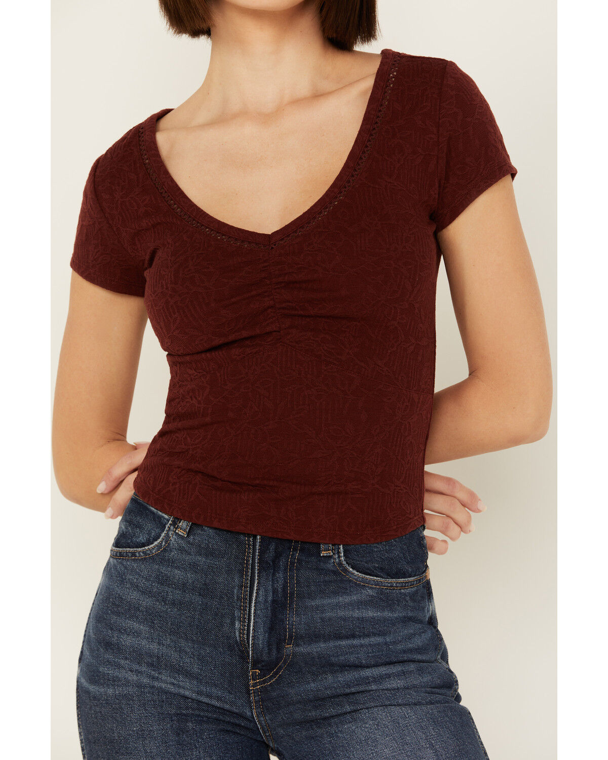 Image #3 - Shyanne Women's V Neck Short Sleeve Stretch Knit Top, Brown, hi-res