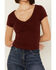 Image #3 - Shyanne Women's V Neck Short Sleeve Stretch Knit Top, Brown, hi-res