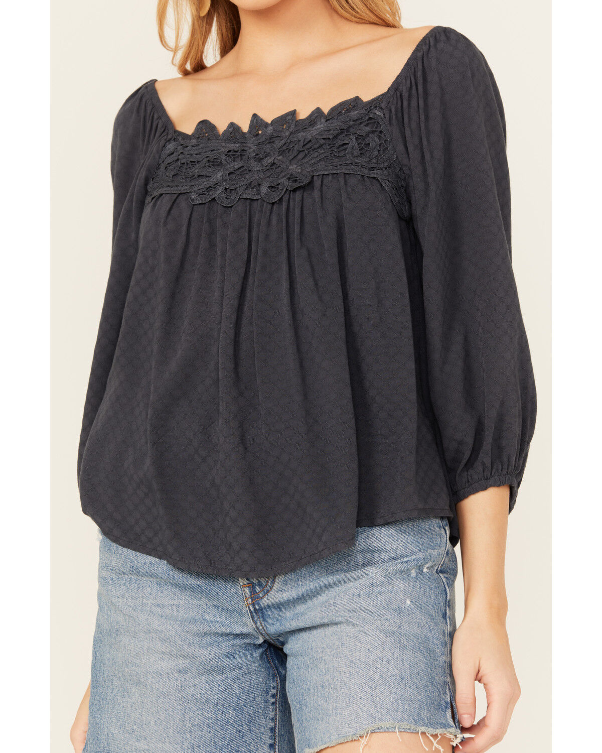 Image #3 - Eyeshadow Women's Battenburg Lace Trim Top, Navy, hi-res