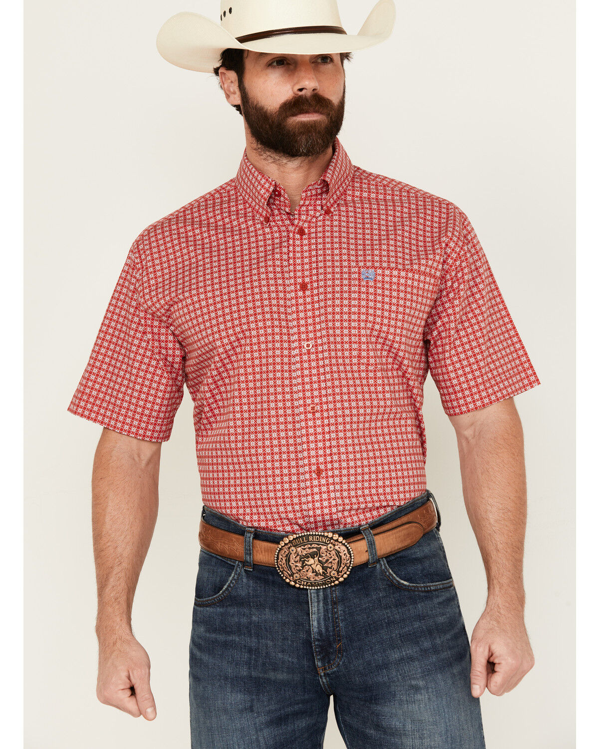 Image #1 - Cinch Men's Geo Print Short Sleeve Button-Down Western Shirt, Red, hi-res