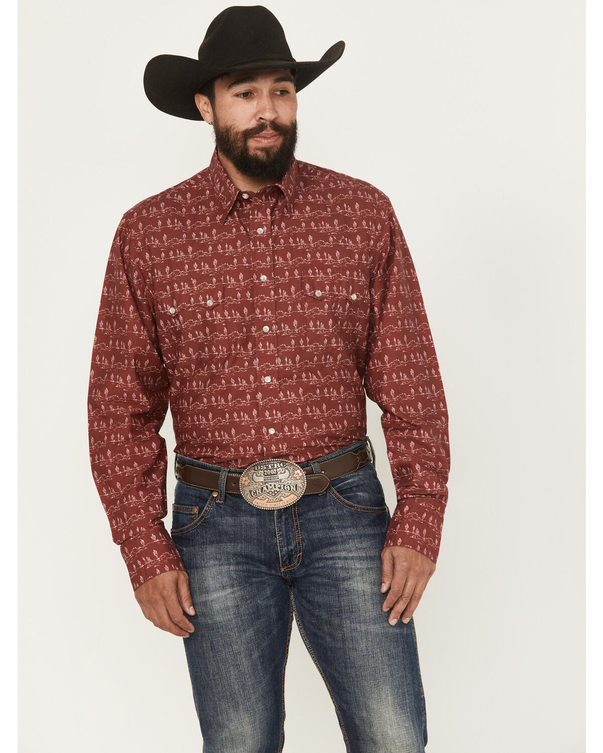 Image #1 - Roper Men's West Made Desert Print Long Sleeve Pearl Snap Western Shirt, Red, hi-res