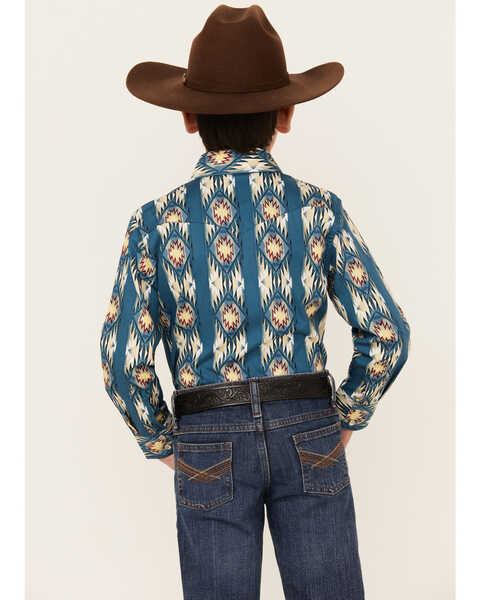 Image #4 - Wrangler Boys' Checotah Southwestern Striped Print Long Sleeve Pearl Snap Western Shirt , Navy, hi-res