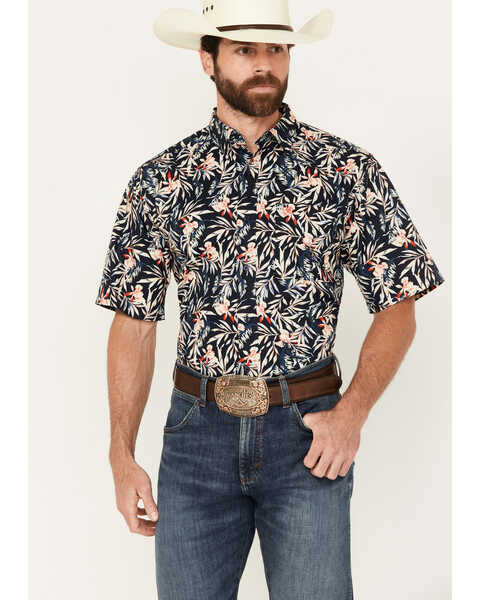 Ariat Men's Omer Print Fitted Short Sleeve Button-Down Western Shirt, Dark Blue, hi-res