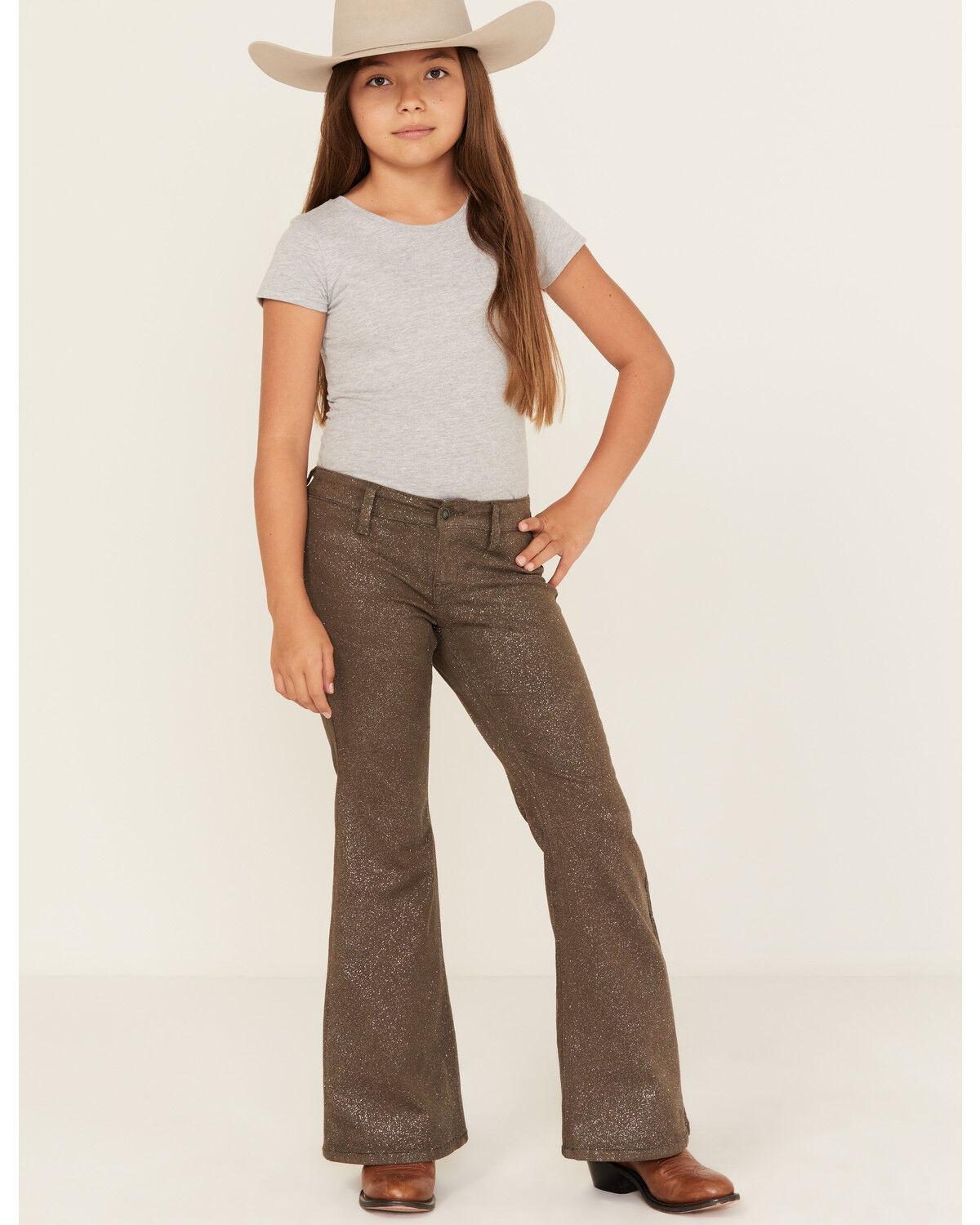 Image #1 - Rock & Roll Denim Girls' Glitter Stretch Flare Jeans, Silver, hi-res