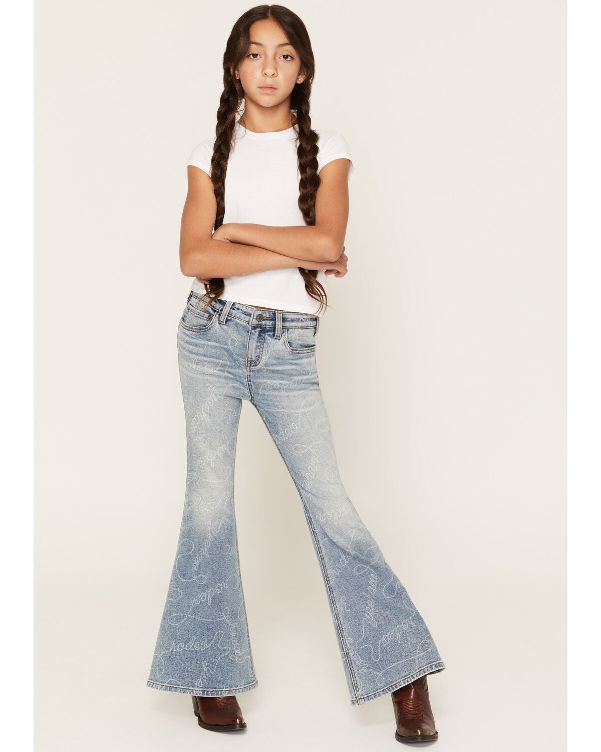 Shyanne Girls' Ambrose Medium Wash Flare Stretch Denim Jeans, Medium Wash, hi-res