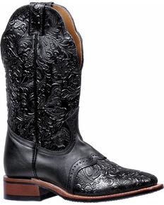 Boulet Black Torino Tooled Saddle Cowgirl Boots - Square Toe , Black, hi-res