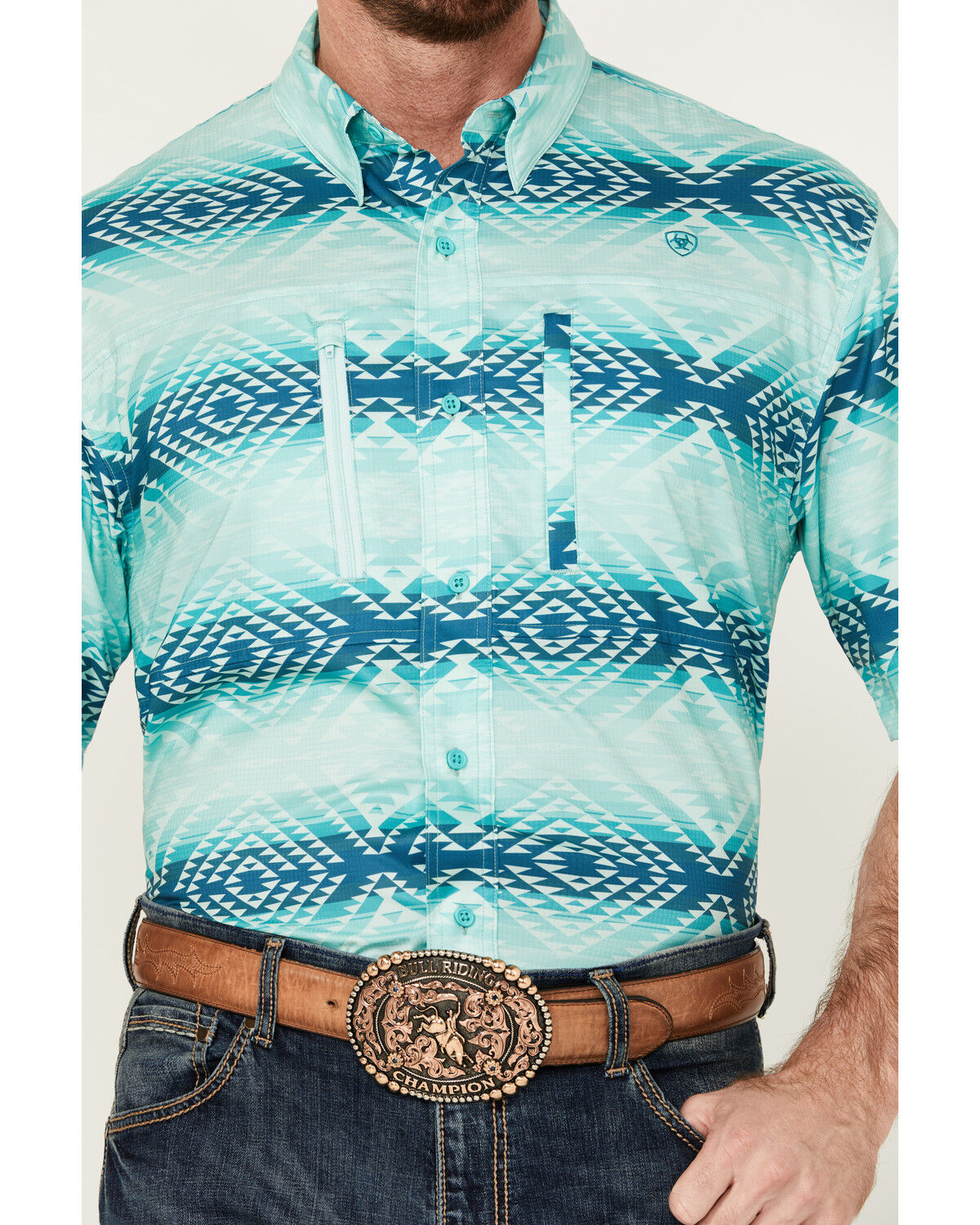 Image #3 - Ariat Men's VentTEK Classic Fit Southwestern Striped Short Sleeve Performance Shirt - Tall, Aqua, hi-res