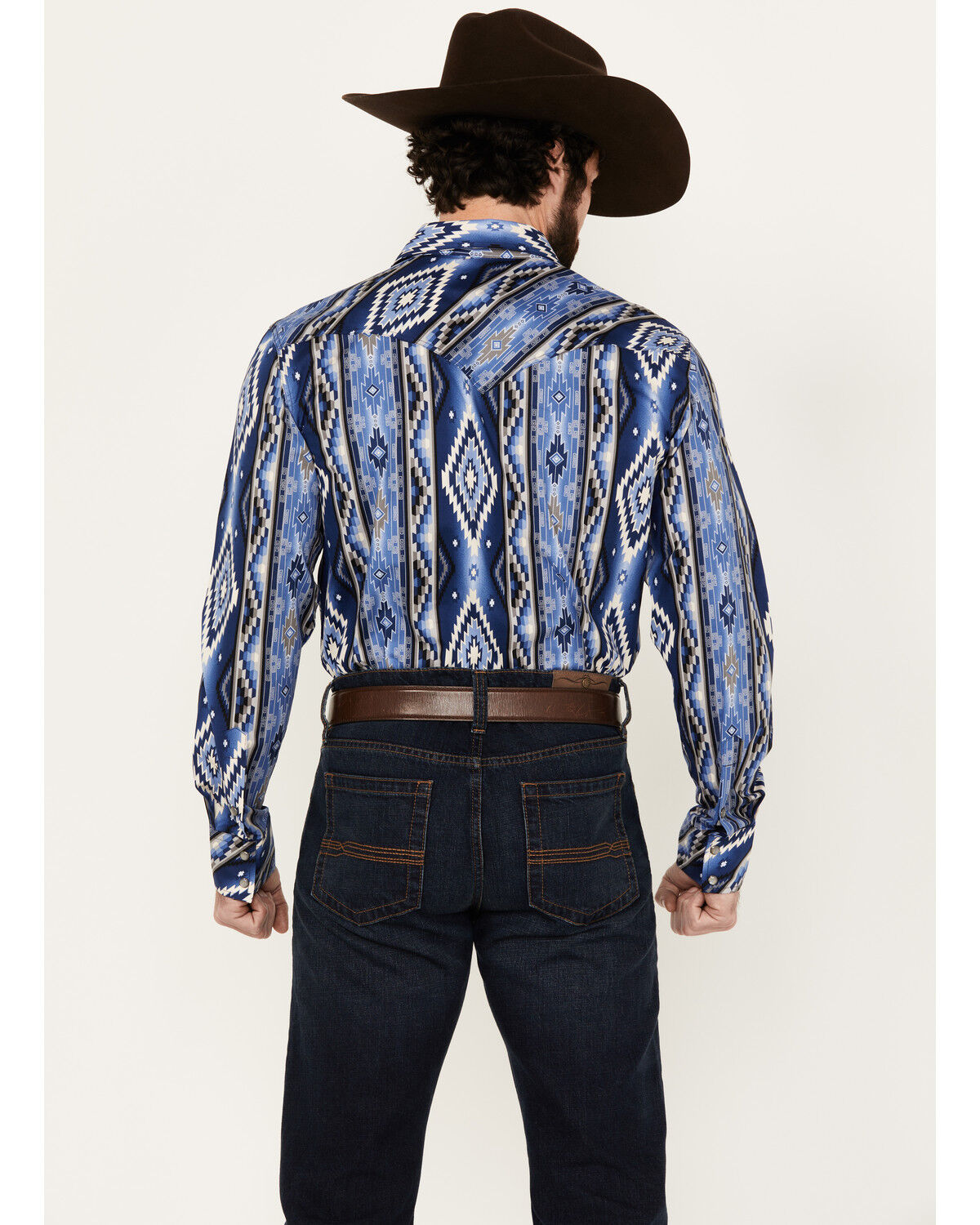 Image #4 - Rock & Roll Denim Men's Southwestern Striped Long Sleeve Pearl Snap Stretch Western Shirt, Blue, hi-res