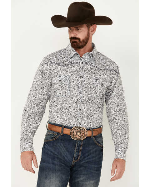Cowboy Hardware Men's Range Paisley Print Long Sleeve Snap Western Shirt, White, hi-res