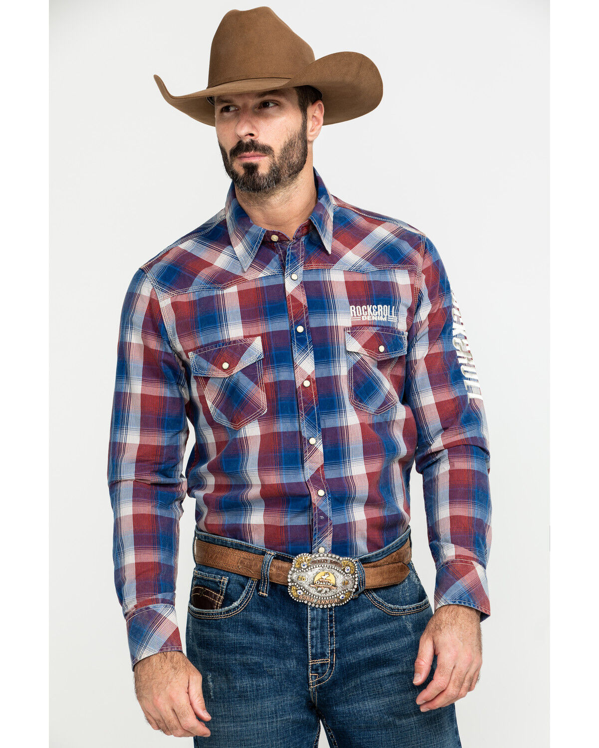 Image #1 - Rock & Roll Denim Men's Plaid Logo Long Sleeve Western Shirt, Red, hi-res