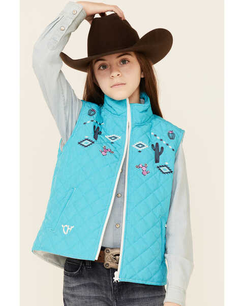 Cowgirl Hardware Girls' Turquoise Southwest Print Zip-Front Quilted Vest , Purple, hi-res