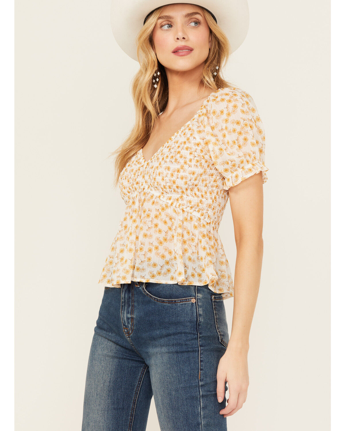 Image #2 - Ash & Violet Women's Floral Smocked Top, Yellow, hi-res