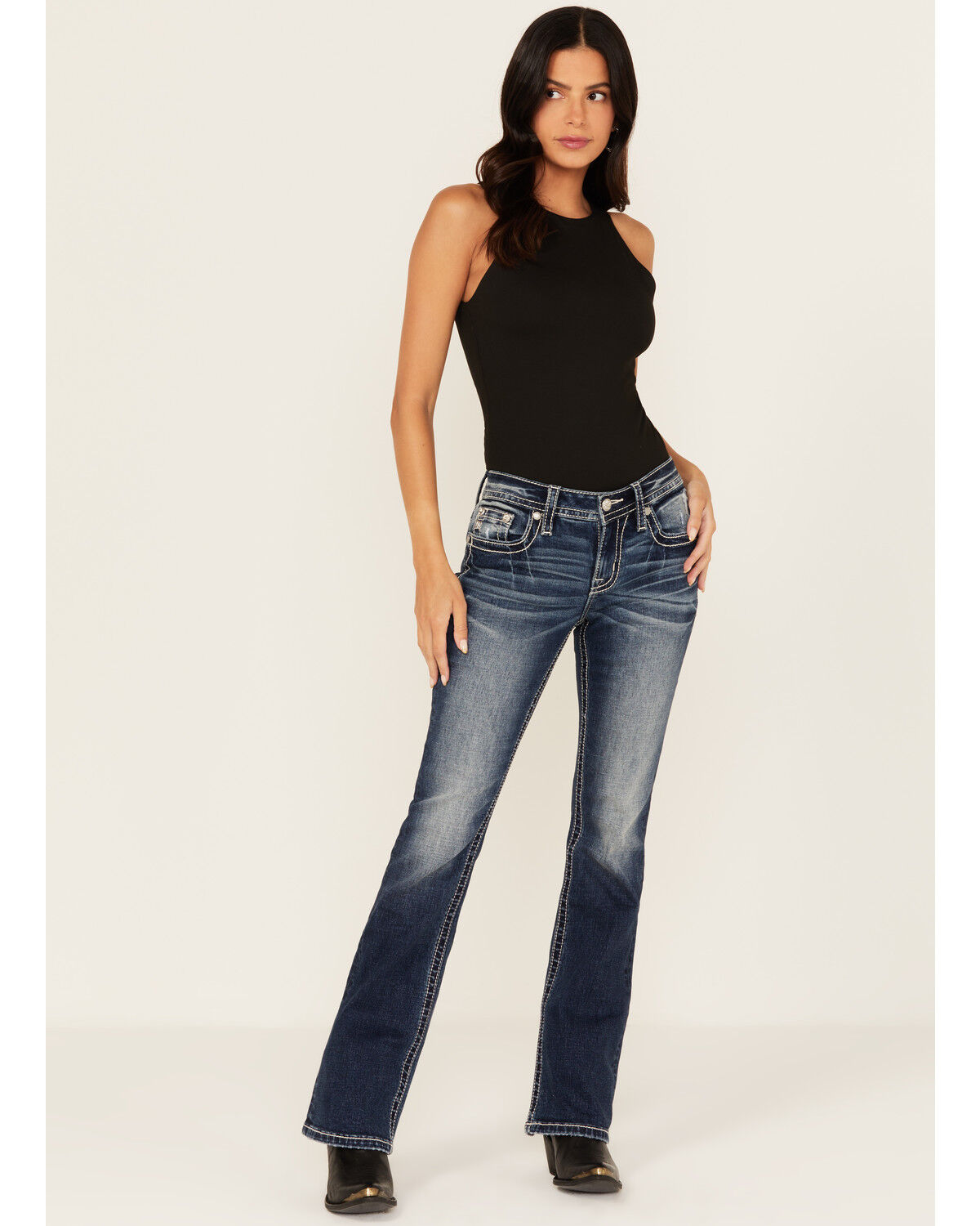 Image #3 - Miss Me Women's Dark Wash Mid Rise Geo Pocket Bootcut Stretch Denim Jeans, Dark Wash, hi-res