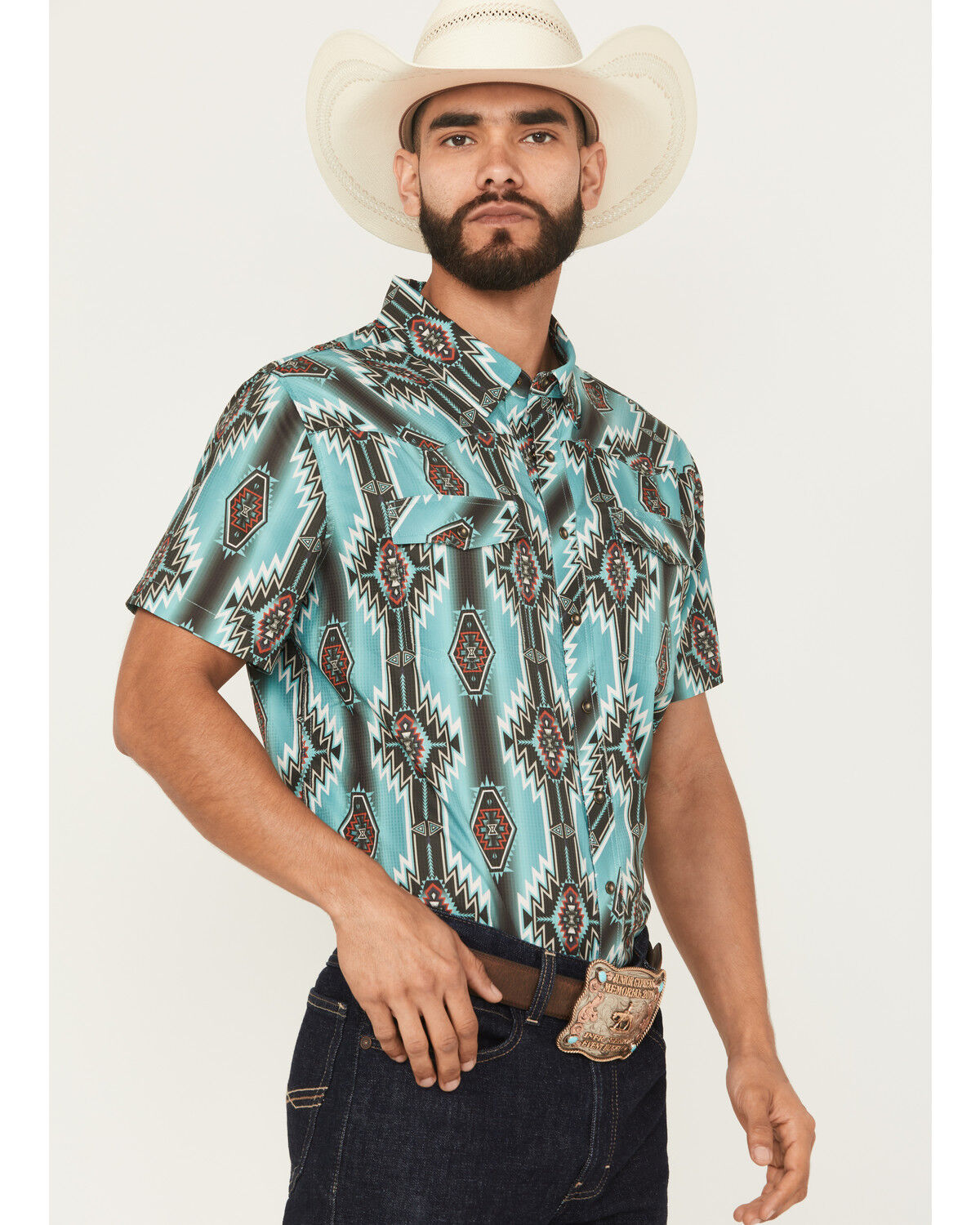 Image #3 - Rock & Roll Denim Men's Boot Barn Exclusive Tek Southwestern Short Sleeve Snap Stretch Western Shirt, Turquoise, hi-res