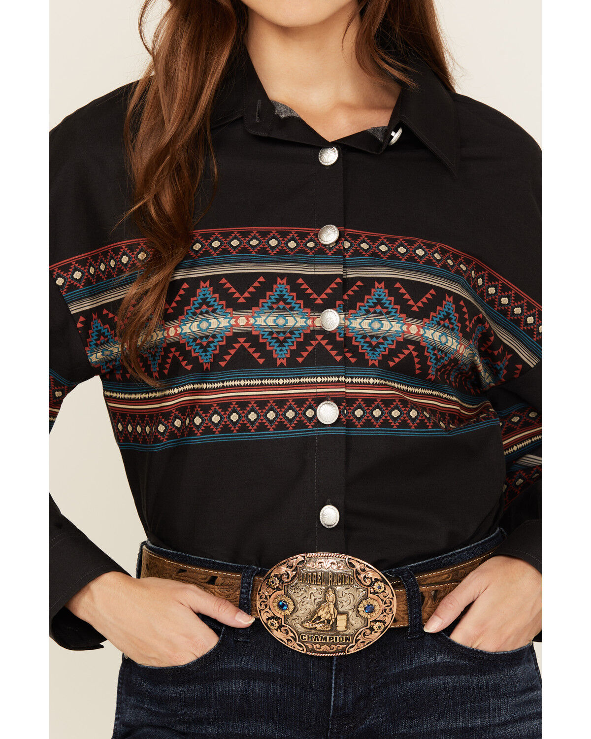 Image #3 - Rock & Roll Denim Women's Southwestern Border Print Cropped Long Sleeve Button-Down Western Shirt, Black, hi-res