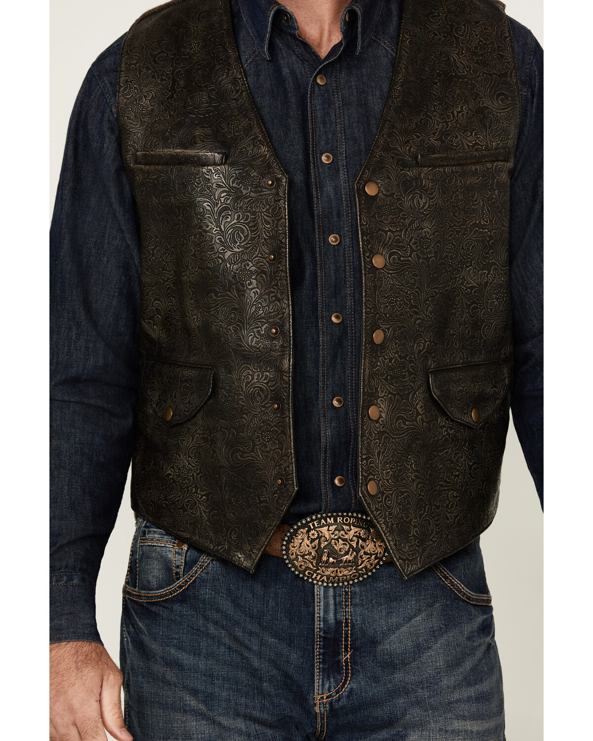 Image #3 - Moonshine Spirit Men's Bar Stool Tooled Leather Vest, Brown, hi-res