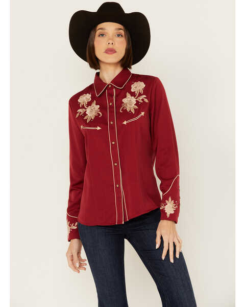 Image #1 - Scully Women's Floral Embroidered Long Sleeve Snap Western Shirt, Red, hi-res