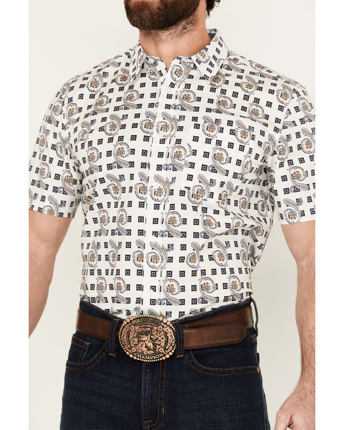Image #3 - Cody James Men's Geo Paisley Print Short Sleeve Button-Down Stretch Western Shirt - Big, White, hi-res