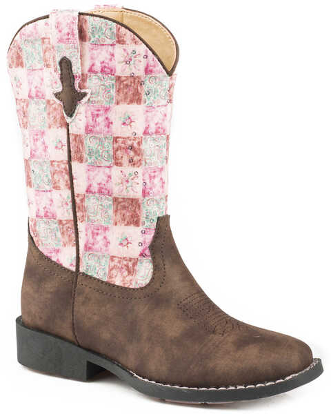 Roper Girls' Floral Shine Sequin Western Boots - Broad Square Toe, Brown, hi-res