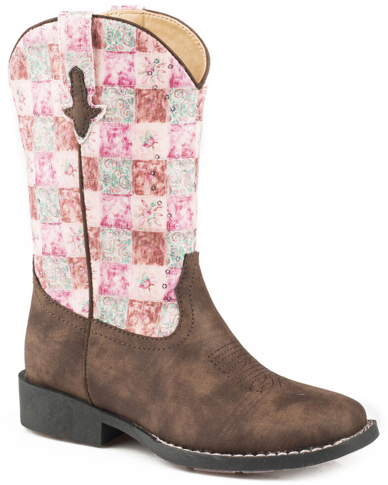 Roper Girls' Floral Shine Sequin Cowgirl Boots - Square Toe, Brown, hi-res