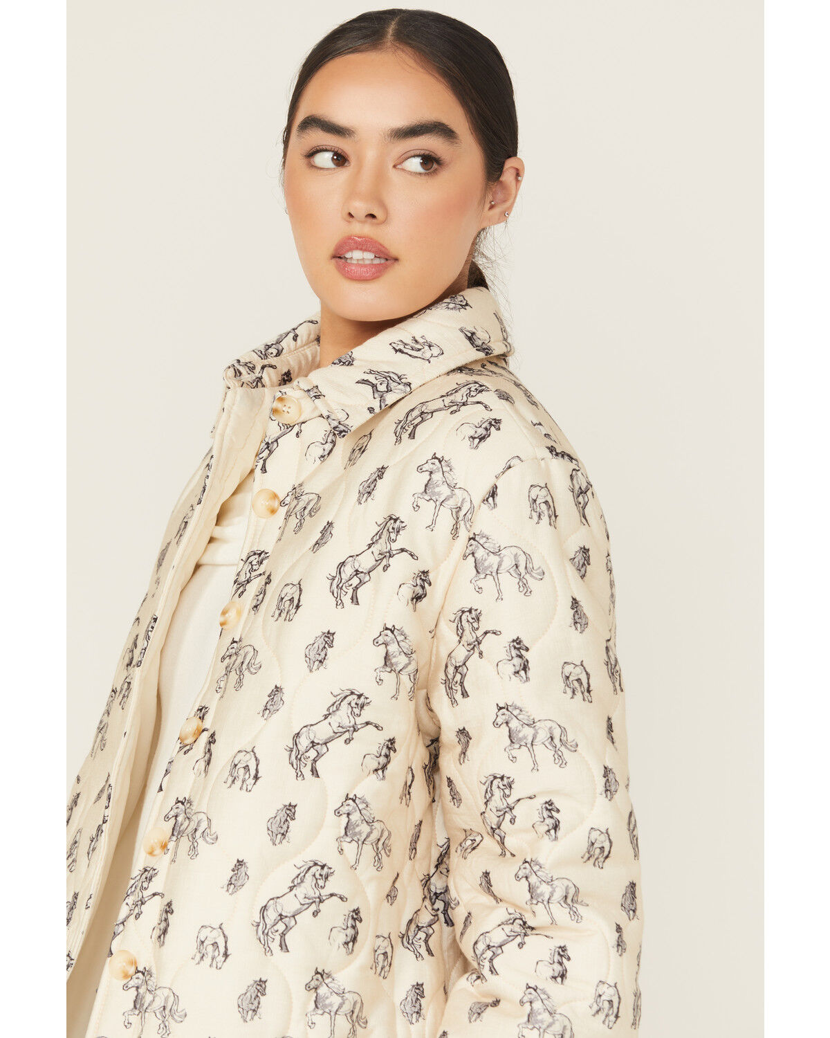 Image #1 - Blue B Women's Quilted Horse Print Button-Down Jacket, Cream, hi-res
