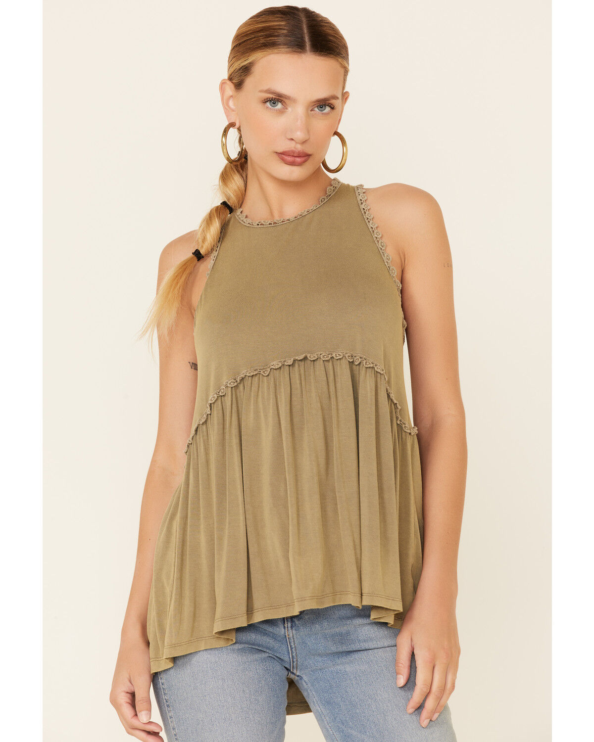 Image #2 - POL Women's High Neck Flowy Zip-Back Babydoll Tank Top , , hi-res