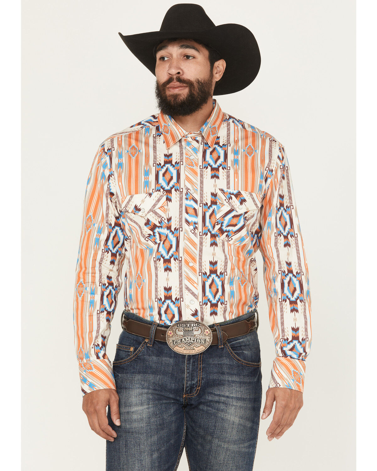 Image #1 - Rock & Roll Denim Men's Southwestern Print Long Sleeve Snap Stretch Western Shirt, Orange, hi-res