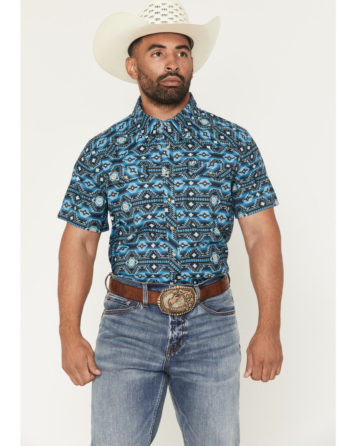 Rock & Roll Denim Men's TEK Southwestern Print Short Sleeve Snap Western Shirt, Blue, hi-res