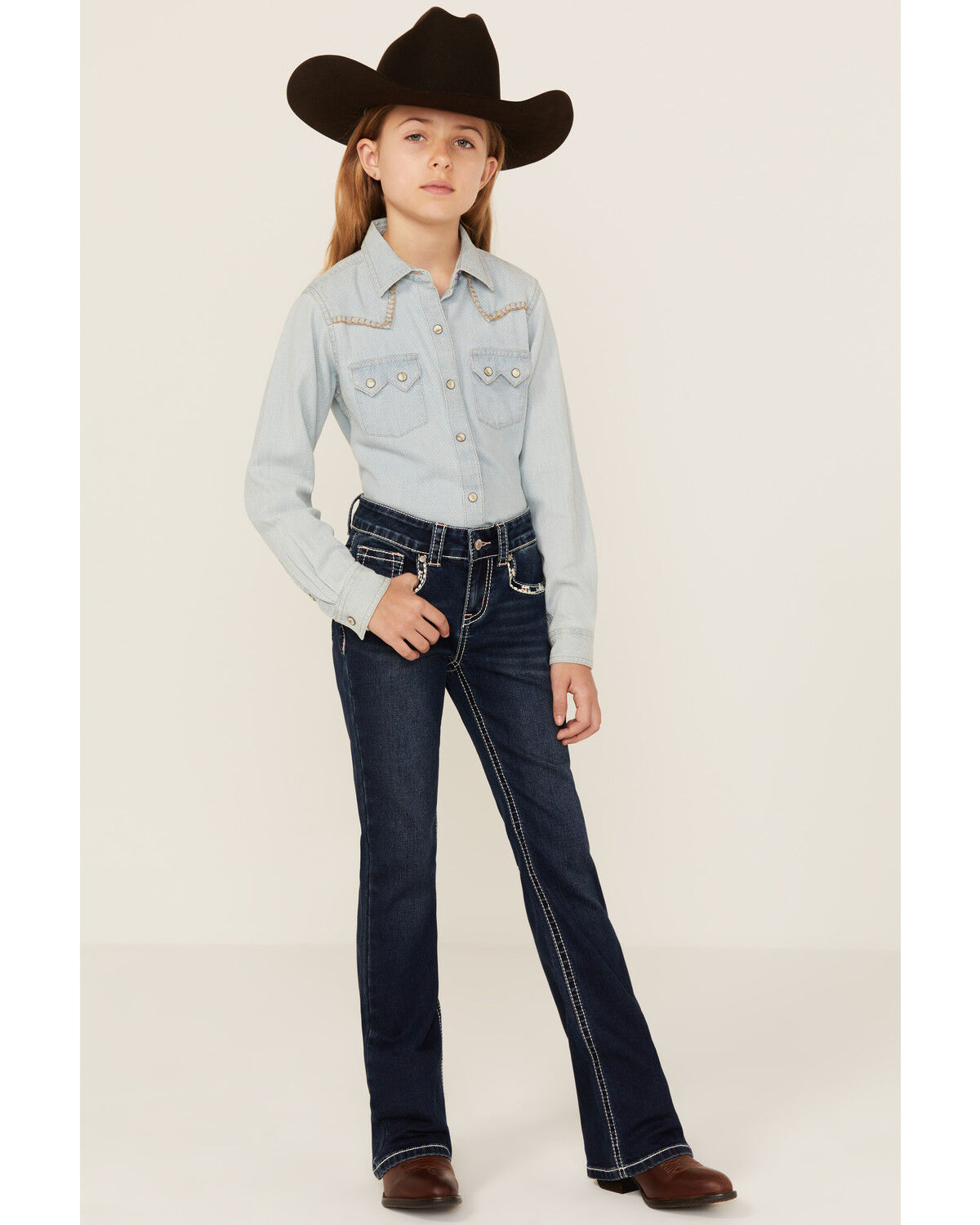 Image #3 - Shyanne Girls' Southwestern Floral Border Pocket Stretch Bootcut Jeans, Blue, hi-res