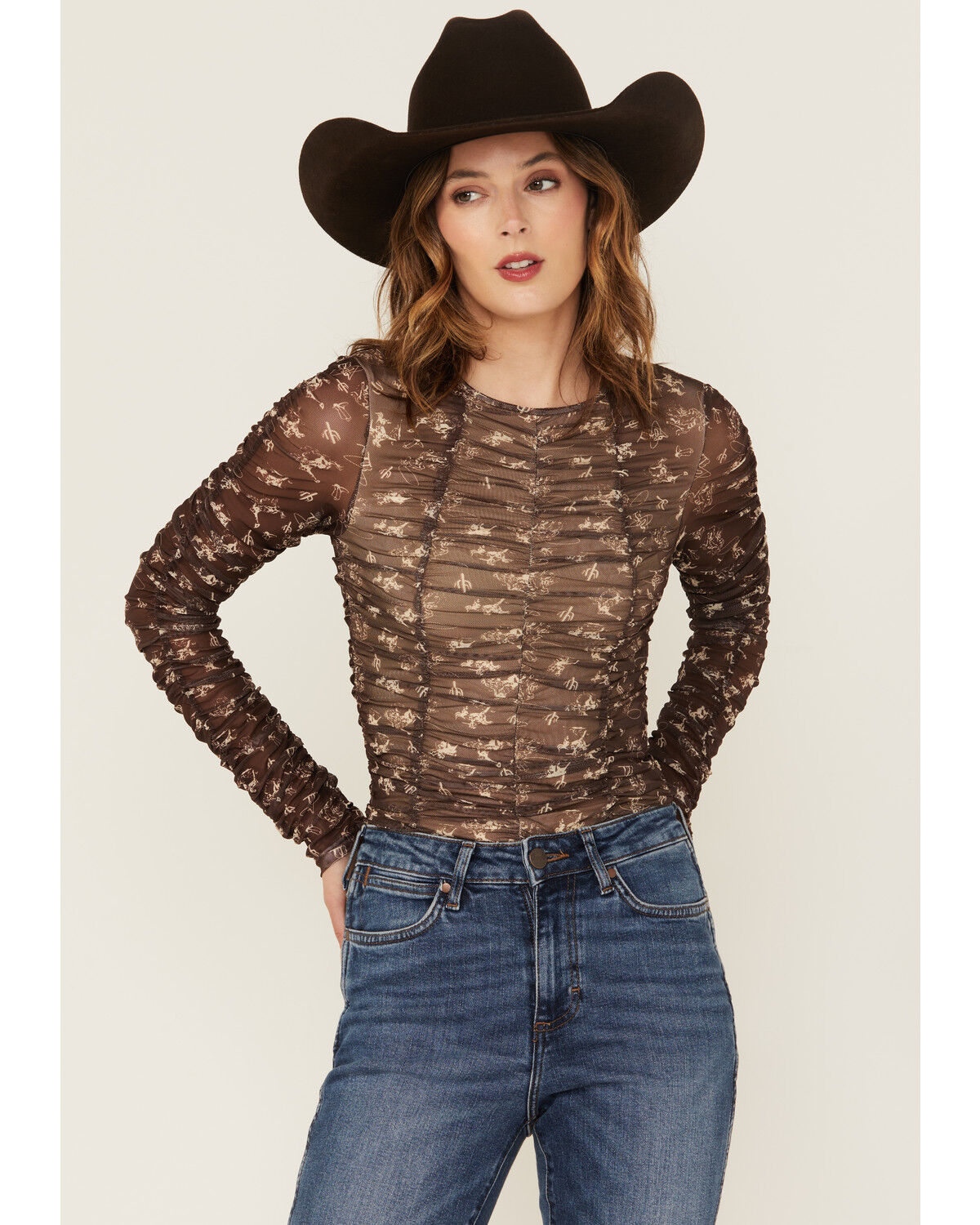 Image #2 - Blue B Women's Conversation Print Mesh Long Sleeve Shirt, Brown, hi-res