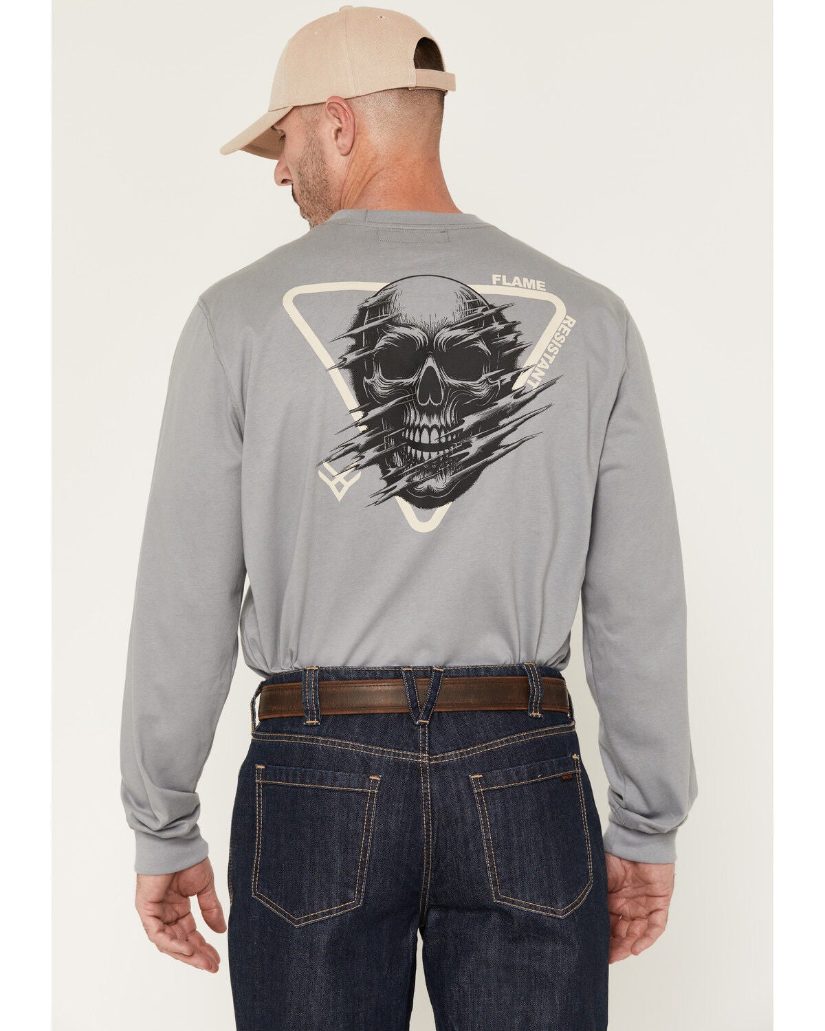 Image #1 - Hawx Men's FR Solid Triangle Skull Long Sleeve Graphic Work T-Shirt, Grey, hi-res
