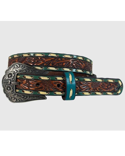 Lyntone Women's Brown & Turquoise Floral Tooled & Laced Leather Belt, Brown, hi-res