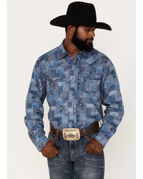 Wrangler Retro Men's Premium Patchwork Print Long Sleeve Snap Western Shirt, Blue, hi-res