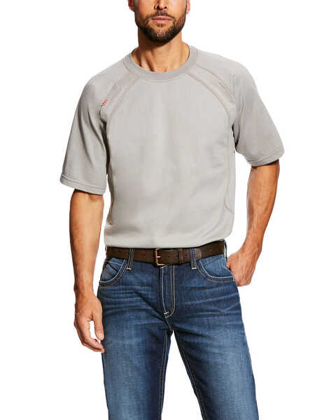 Ariat Men's FR Short Sleeve Crew Work Shirt - Tall , Grey, hi-res