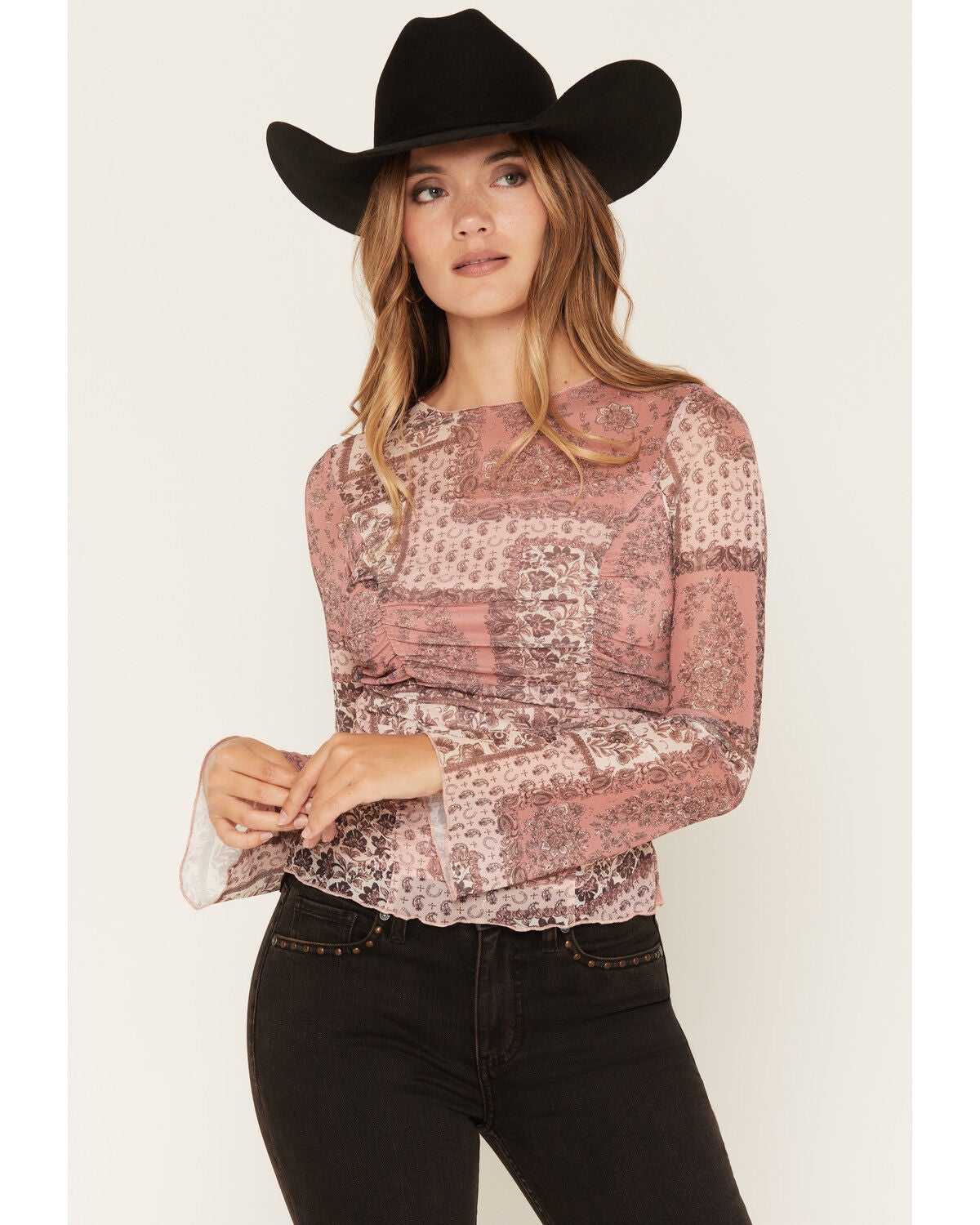 Ash & Violet Women's Floral Print Mesh Long Sleeve Top, Mauve, hi-res