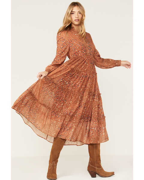 Revel Women's Metallic Floral Print Ruffle Midi Dress, Rust Copper, hi-res