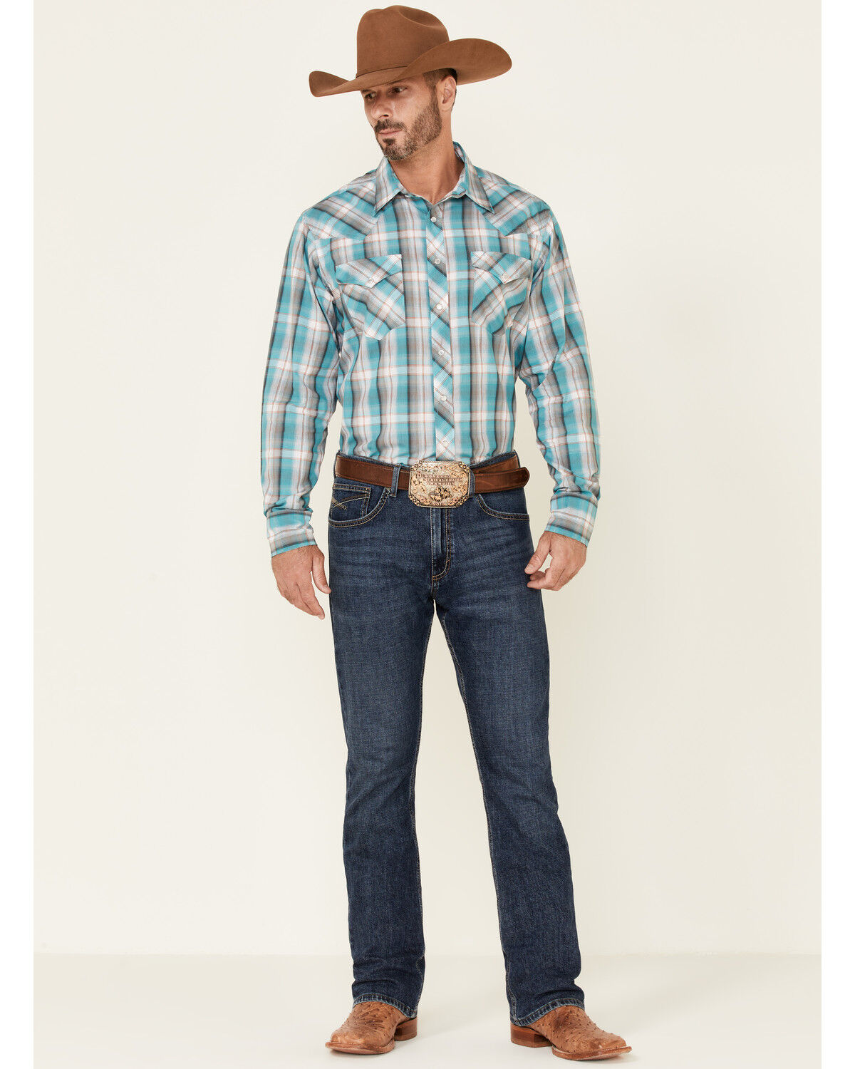 Image #2 - Roper Men's Juniper Dobby Large Plaid Long Sleeve Pearl Snap Western Shirt, Blue, hi-res