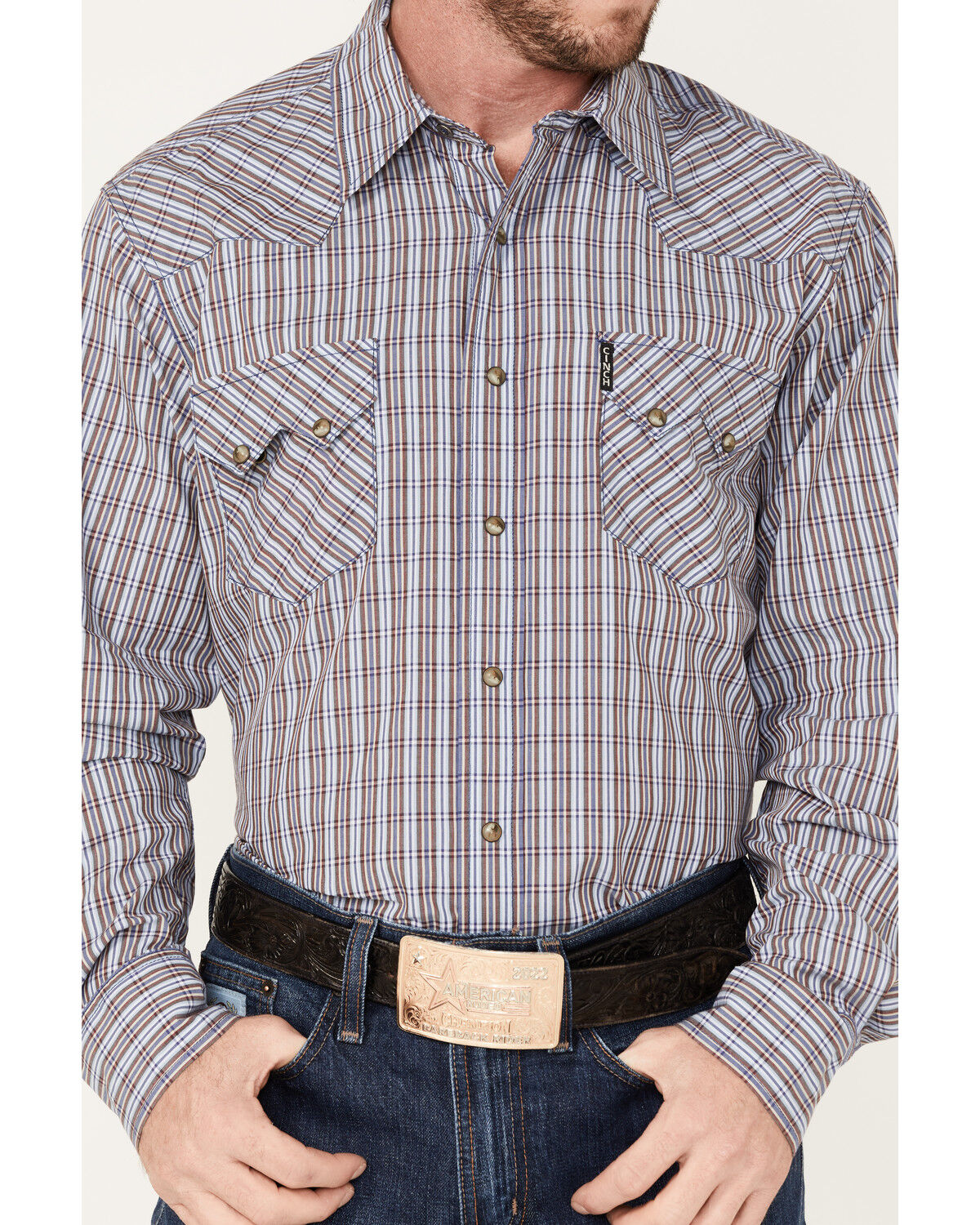 Image #3 - Cinch Men's Modern Fit Small Plaid Snap Western Shirt, Blue, hi-res