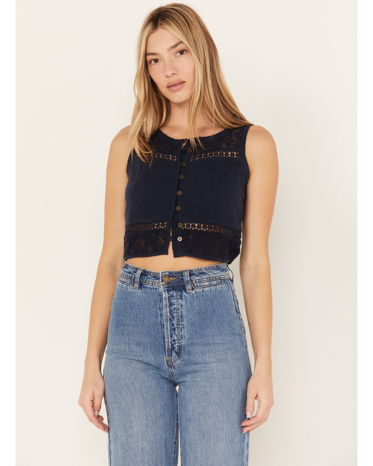 Image #1 - Cleo + Wolf Women's Cropped Crochet Tank, Navy, hi-res
