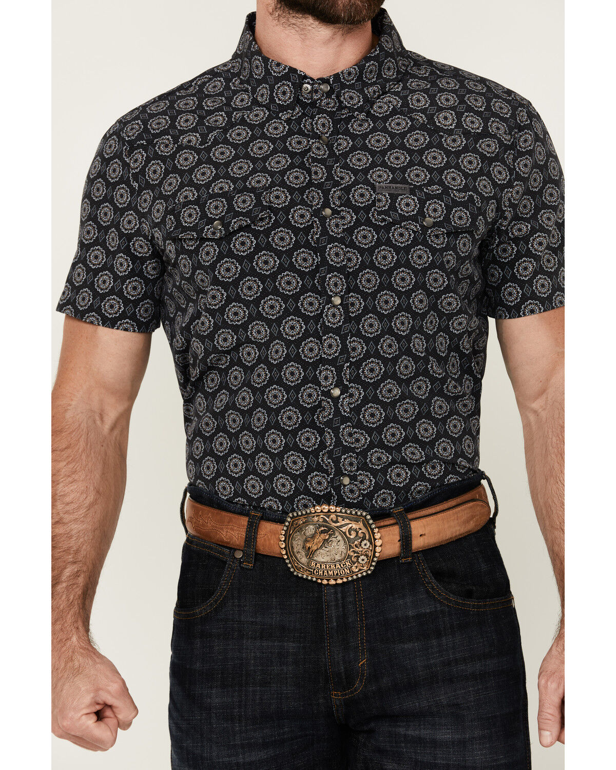 Image #3 - Panhandle Men's Medallion Print Short Sleeve Snap Performance Stretch Western Shirt, , hi-res