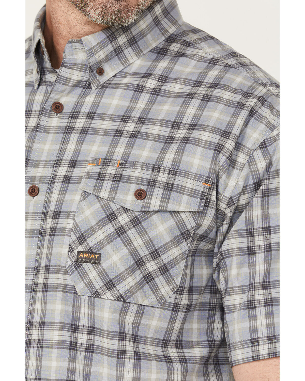 Image #3 - Ariat Men's Rebar Made Tough Short Sleeve Button-Down Stretch Work Shirt, Dark Grey, hi-res