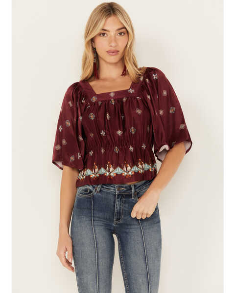 Image #1 - Shyanne Women's Satin Butterfly Sleeve Top , Maroon, hi-res
