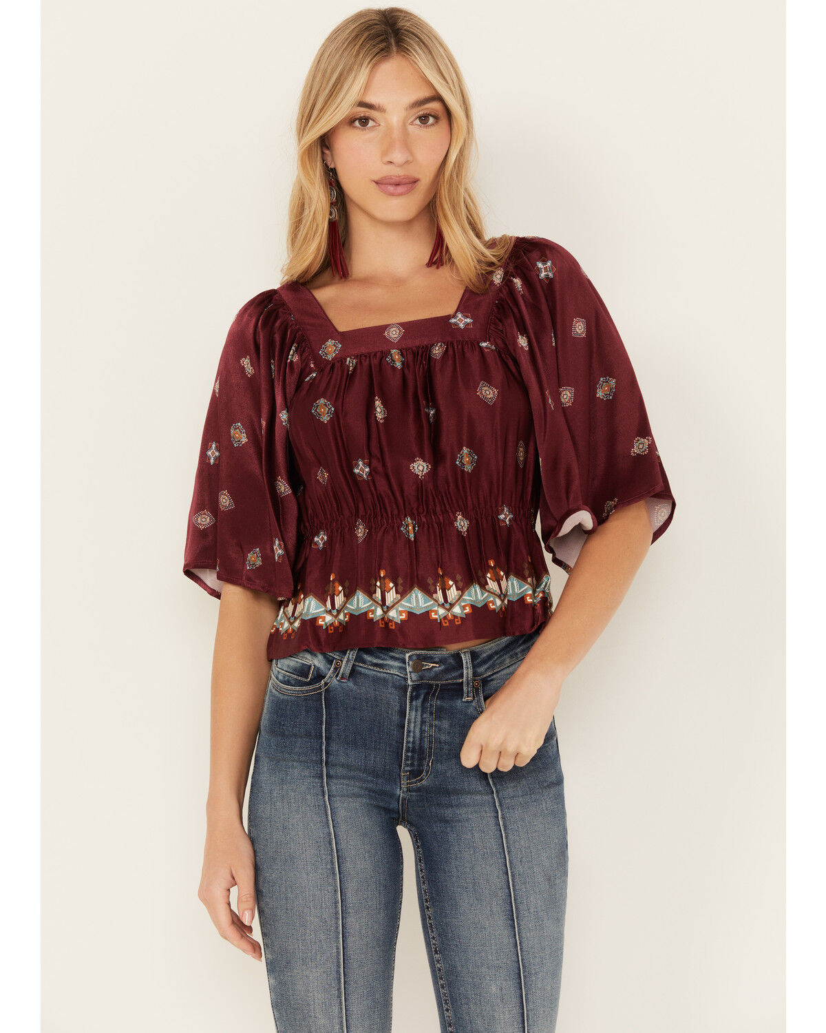 Image #1 - Shyanne Women's Satin Butterfly Sleeve Top, Maroon, hi-res